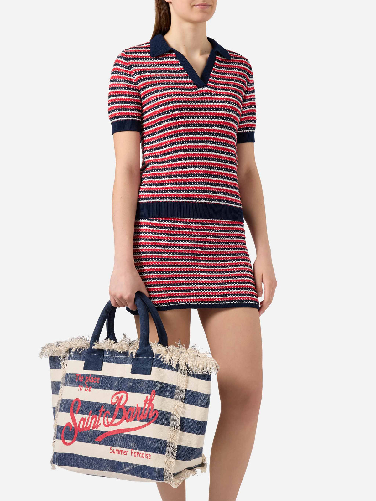 Blue canvas Vanity regular bag with horizontal stripes