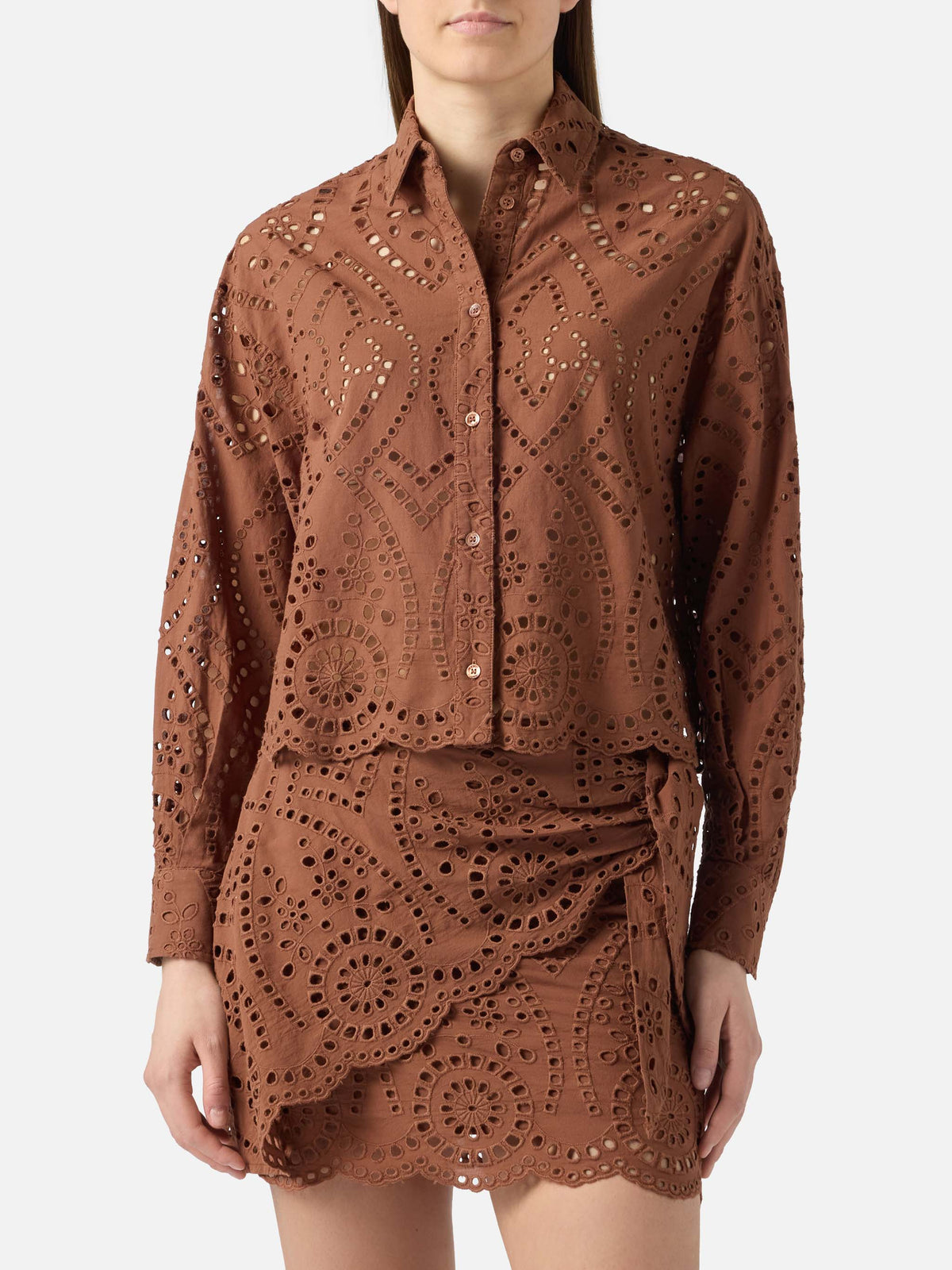 Brown Nyra broderie anglaise mini skirt