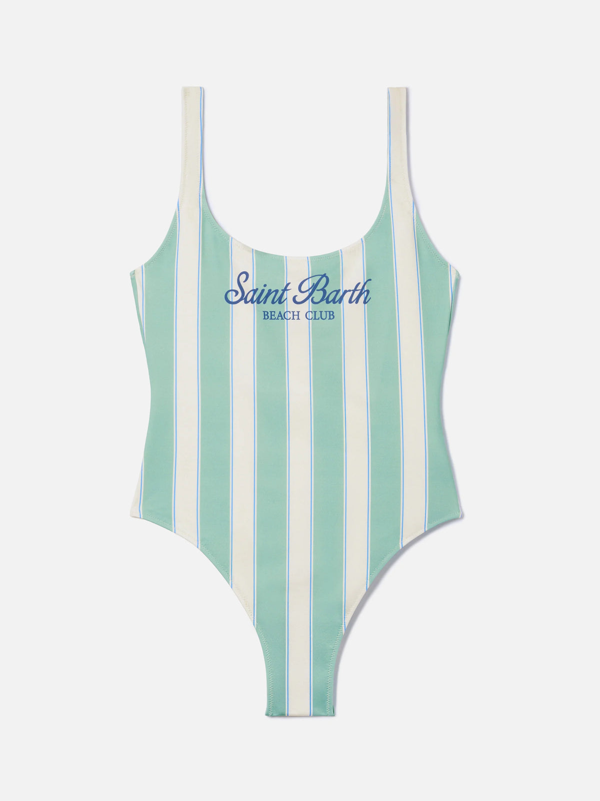 Lora one-piece swimsuit in sage green and cream striped design with Beach Club print