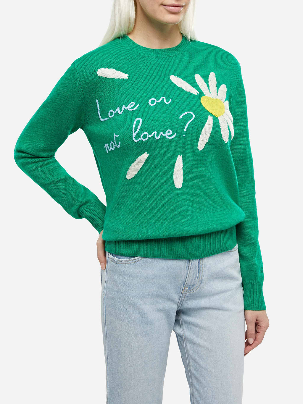 New Queen green brushed sweater with Love or not embroidery