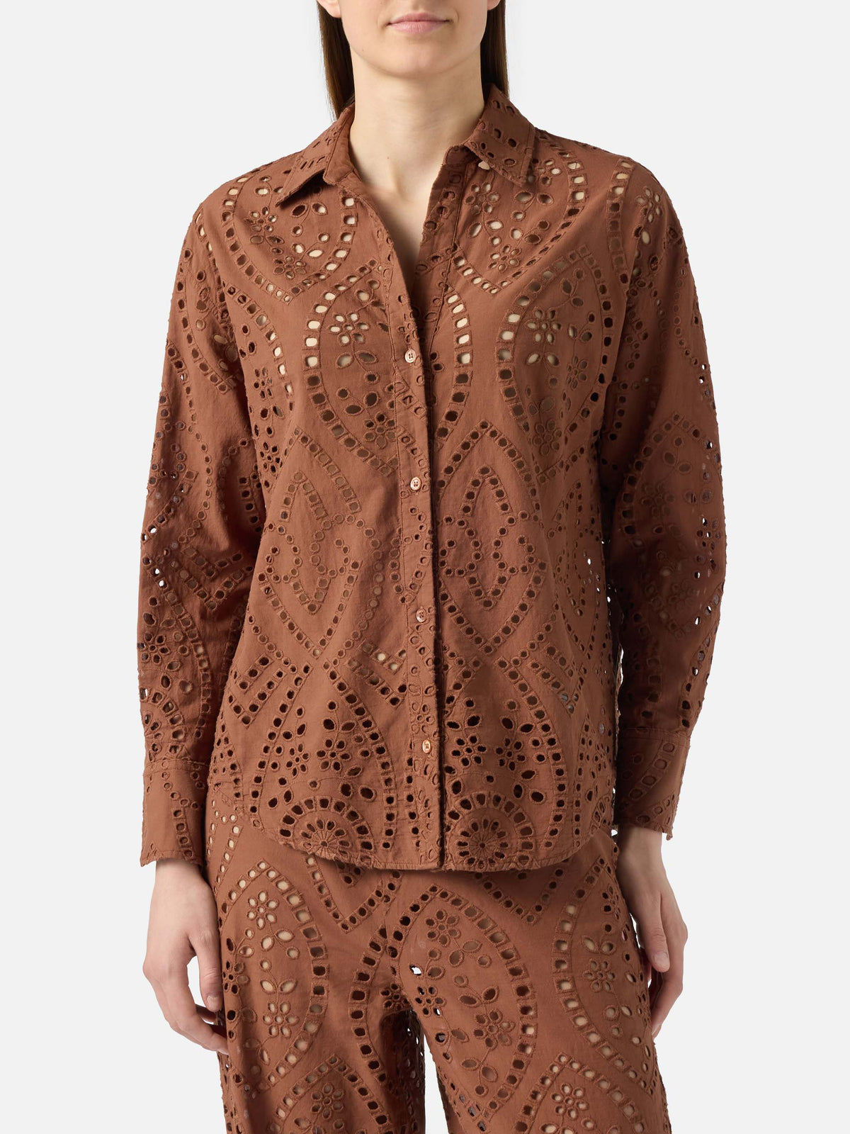 Brown Inez broderie anglaise trousers