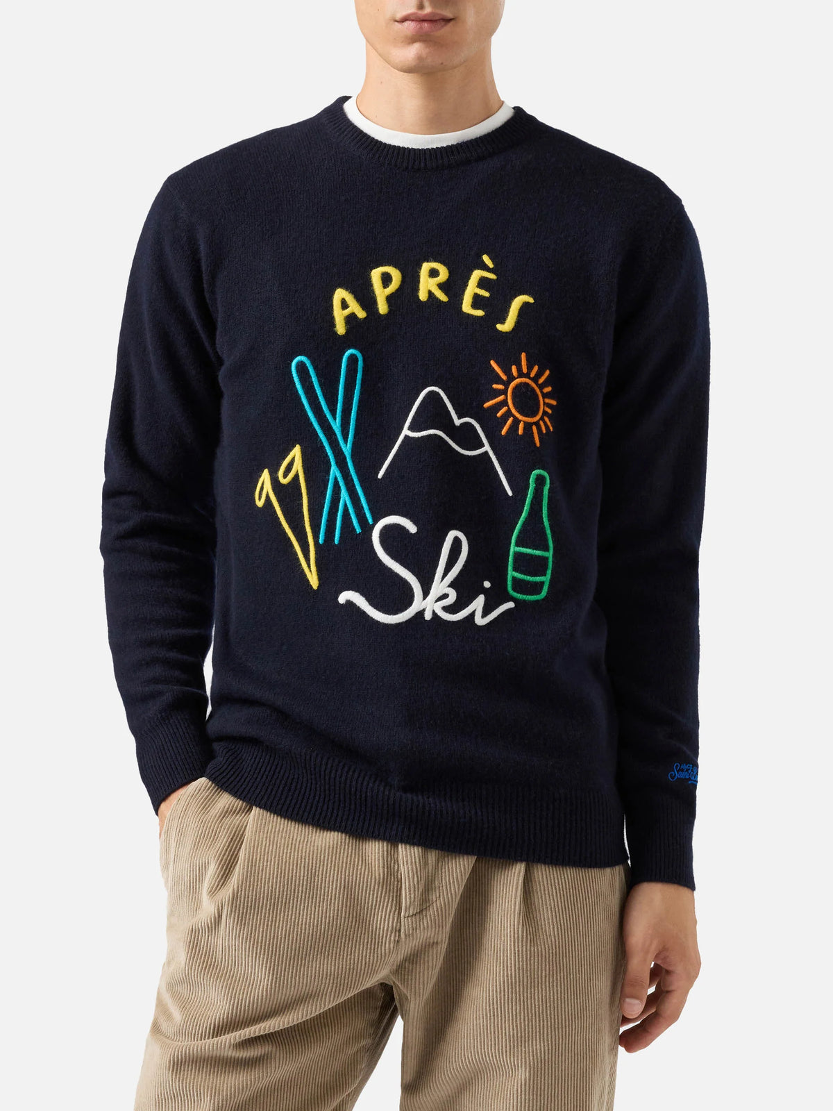 Blue sweater Heron with Apres ski embroidery