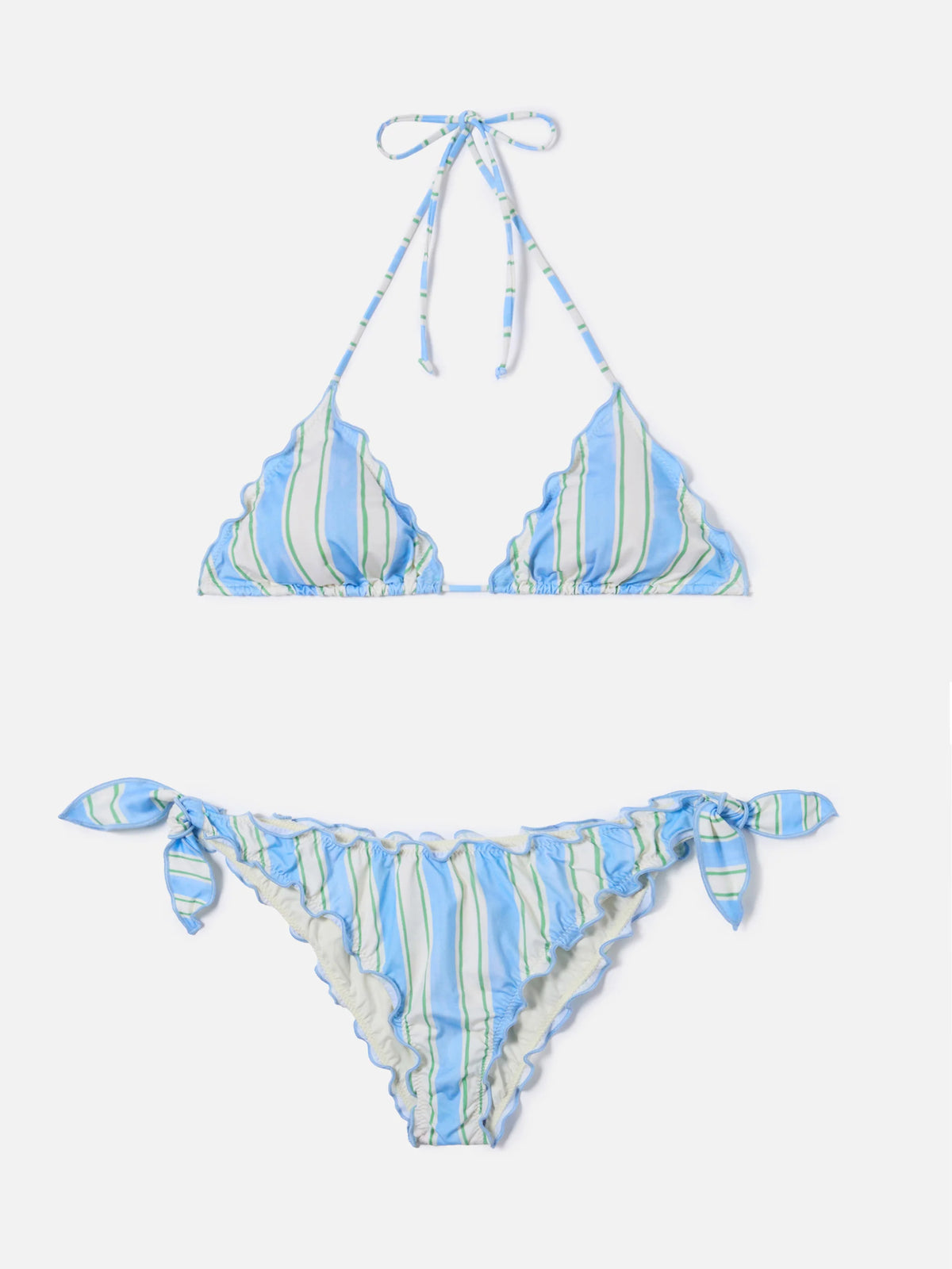 Bikini Sarius triangle with vertical white and light blue stripes