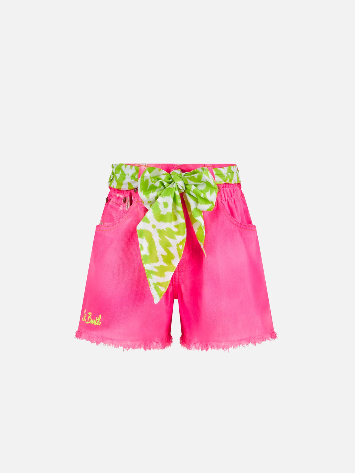 Girl fluo pink upcycled denim shorts with embroidery