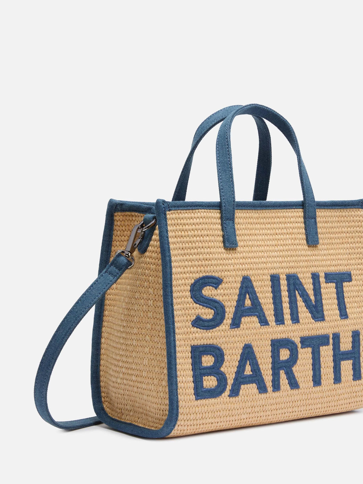 Vivian Mid Straw beige straw effect handbag with denim patch