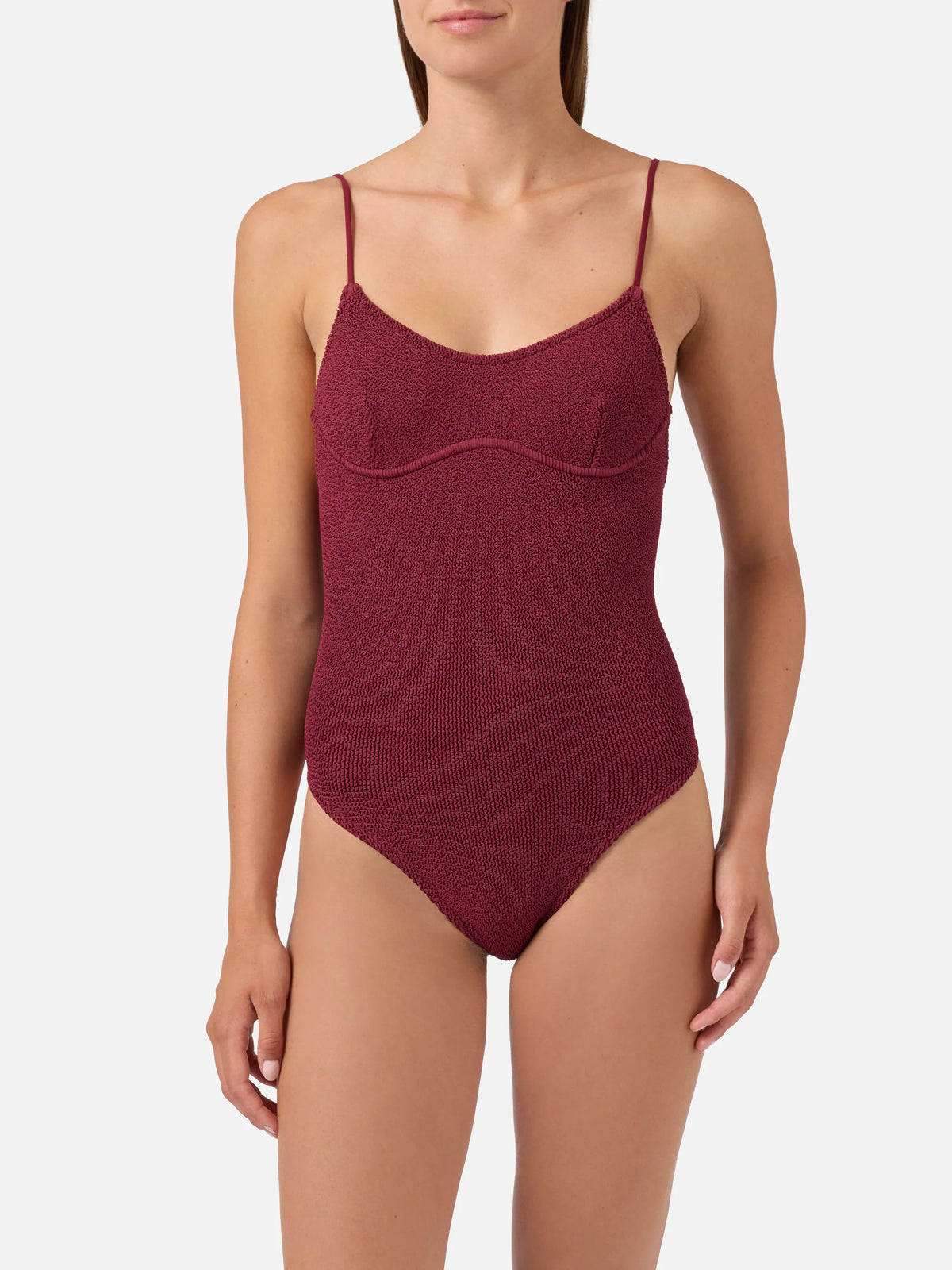 Dara one-piece swimsuit in burgundy crinkle fabric
