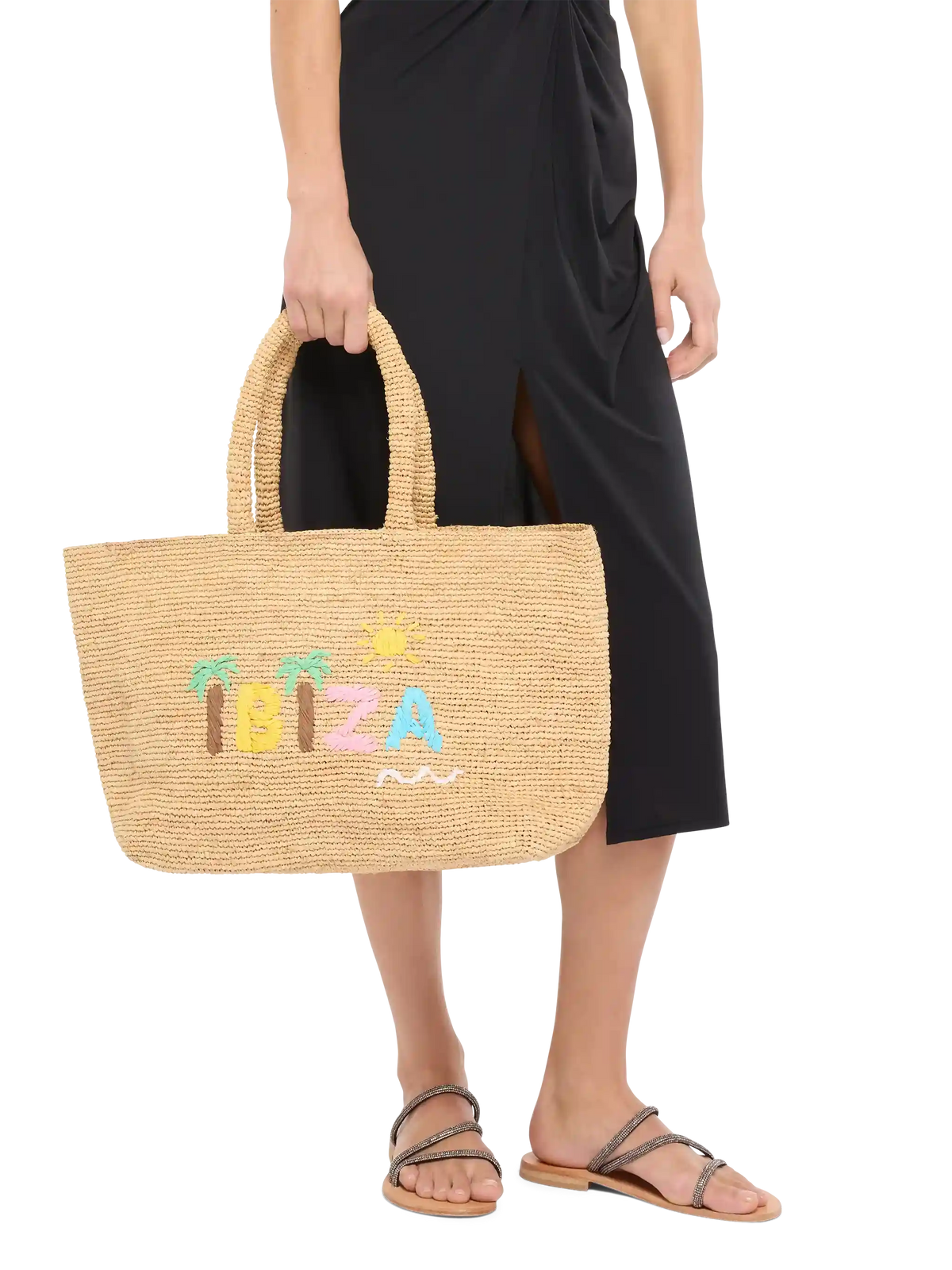 Beige Raffia Beach bag with cotton pouch and Ibiza embroidery
