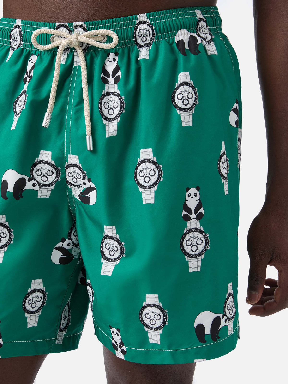 Green Lighting swim shorts with all-over panda and watches print
