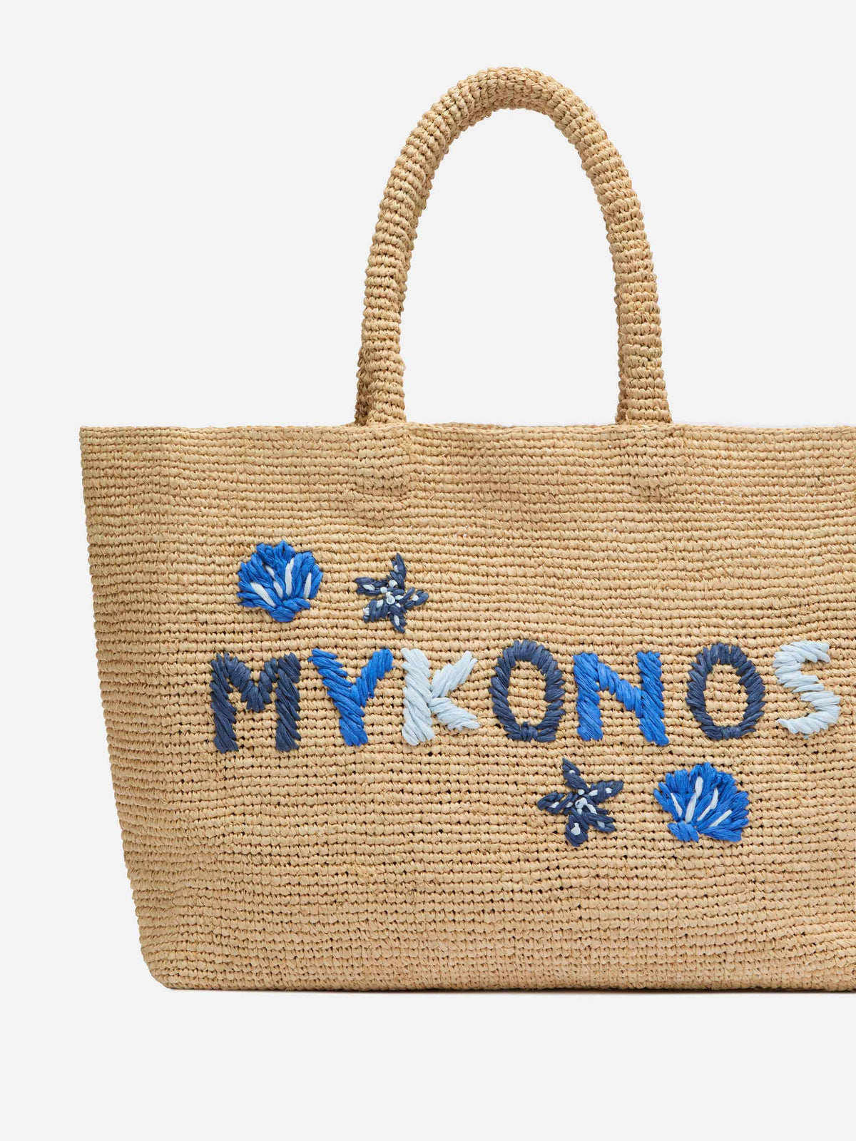 Beige Raffia Beach bag with cotton pouch and Mykonos embroidery