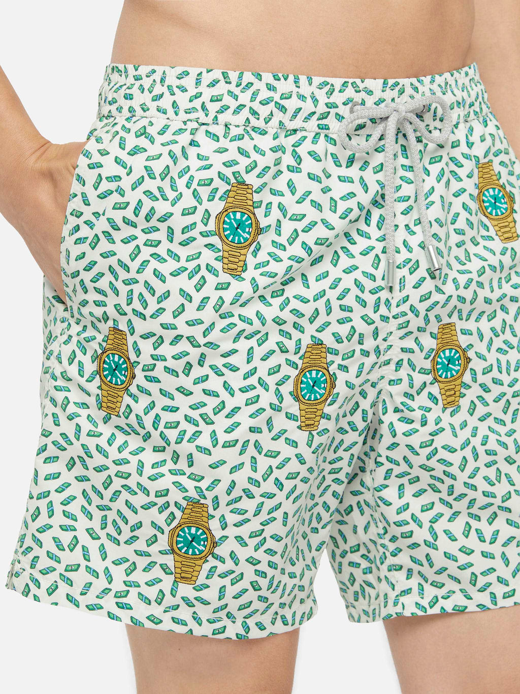Mid-length striped Gustavia swim-shorts with watches embroidery