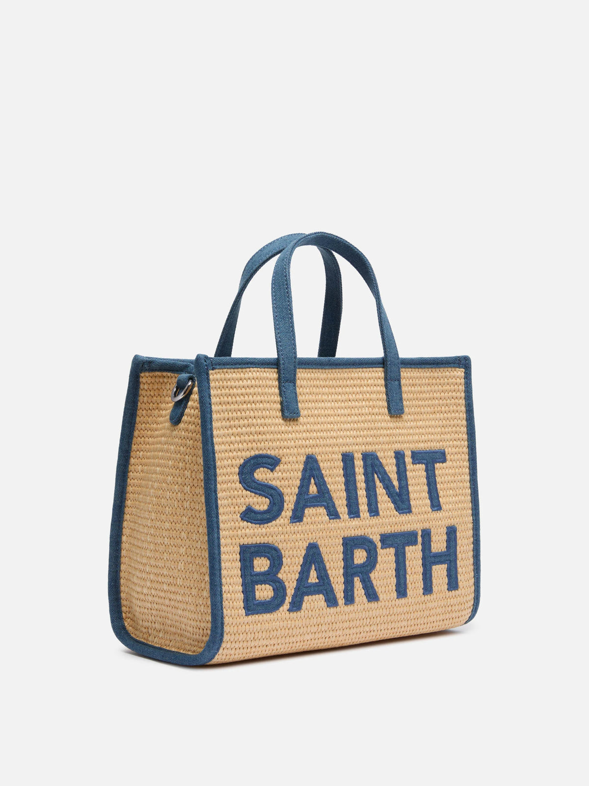 Vivian Mid Straw beige straw effect handbag with denim patch