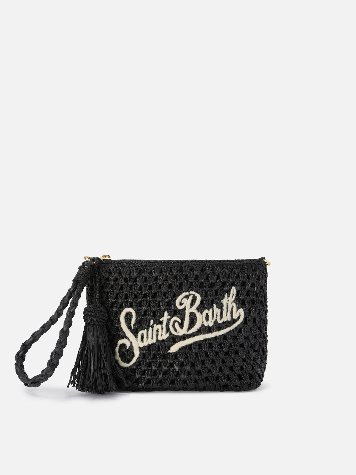 Black Raffia pouch with embroidered logo