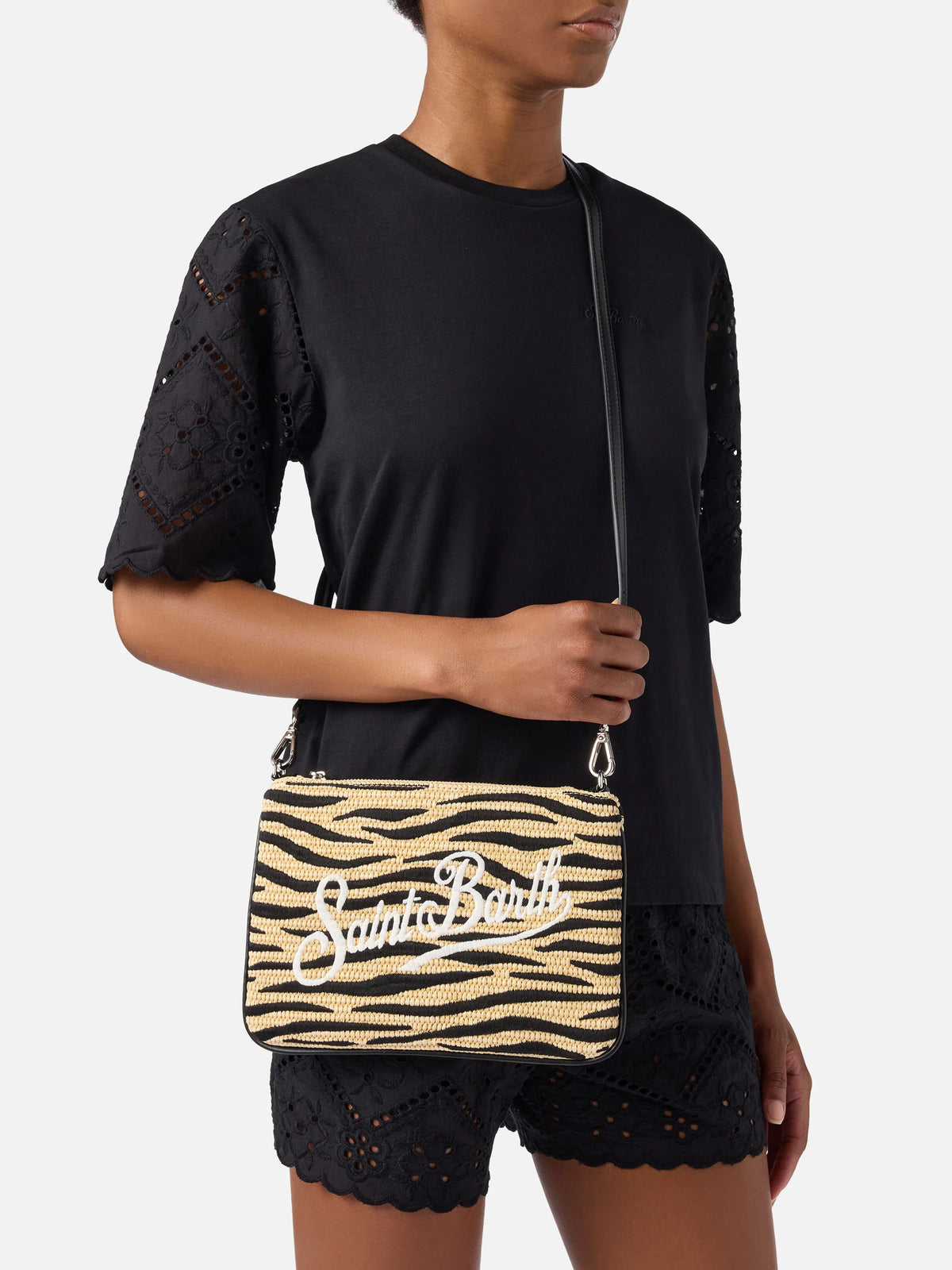 Parisienne embroidered zebra pouch with removable strap