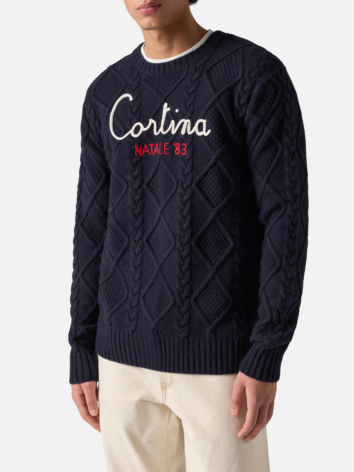 Blue crewneck sweater Bergen Tricot with Cortina Natale '83 embroidery