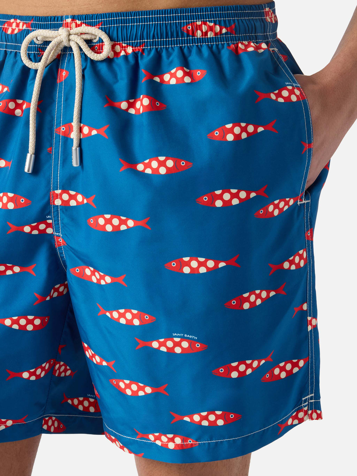 Blue Lighting swim shorts with all-over sardines print