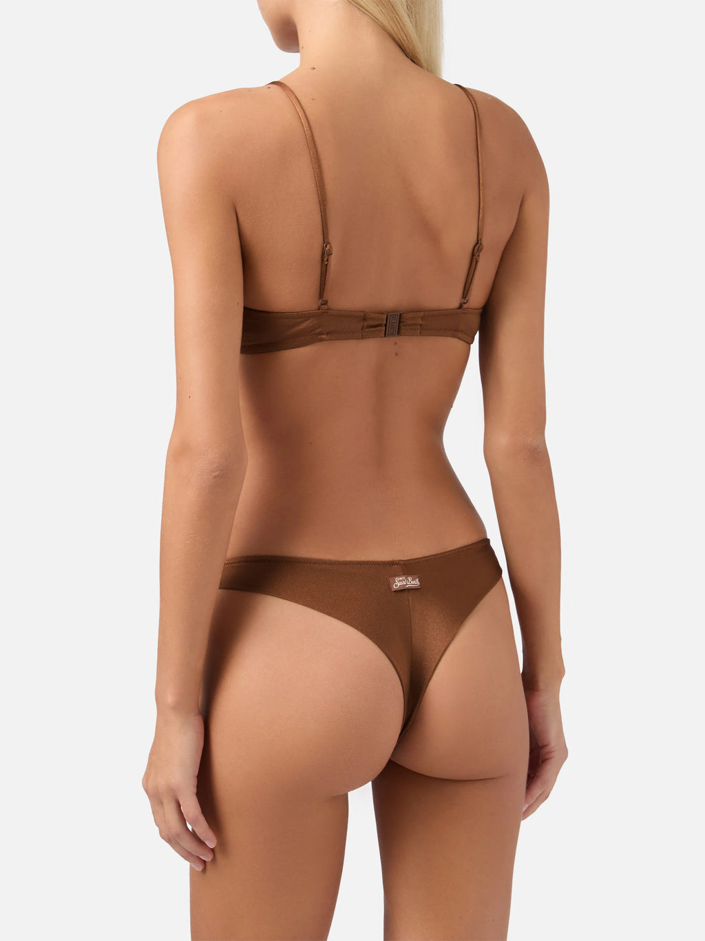 Paloma Naomi plunging bralette bikini in brown with rhinestone embellishments