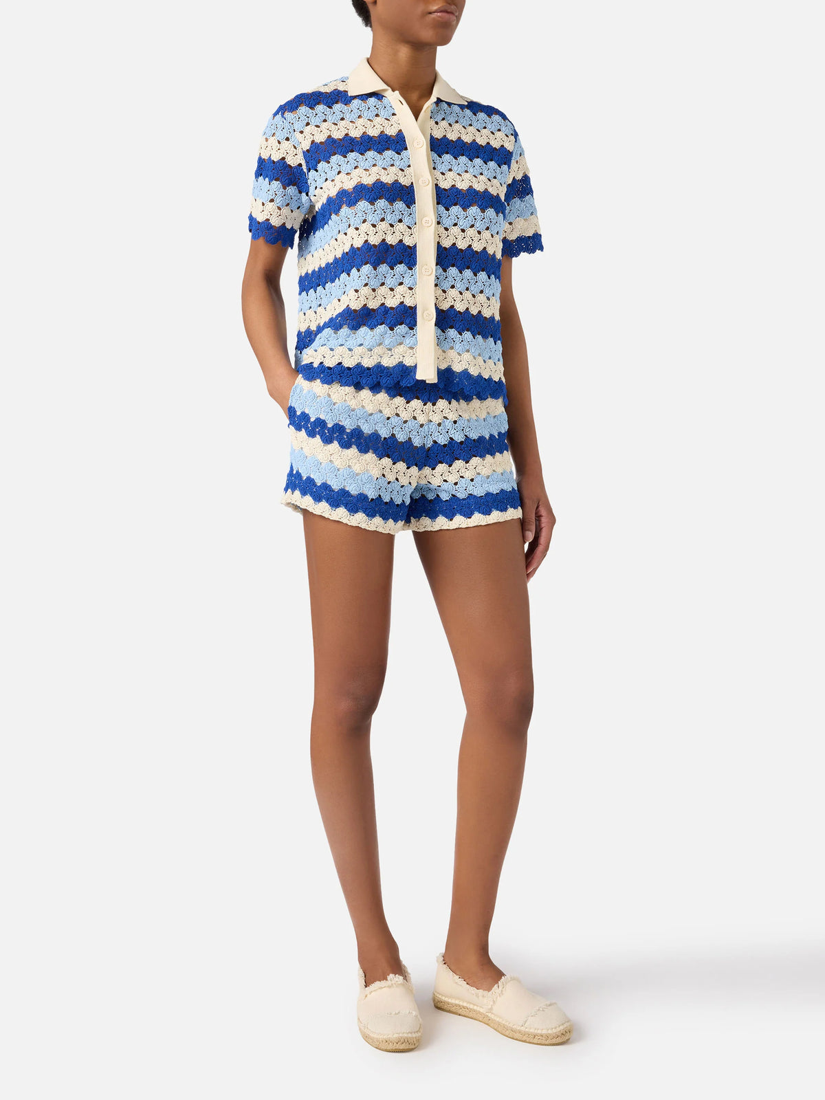 Monet crochet-effect cotton knit polo with striped pattern