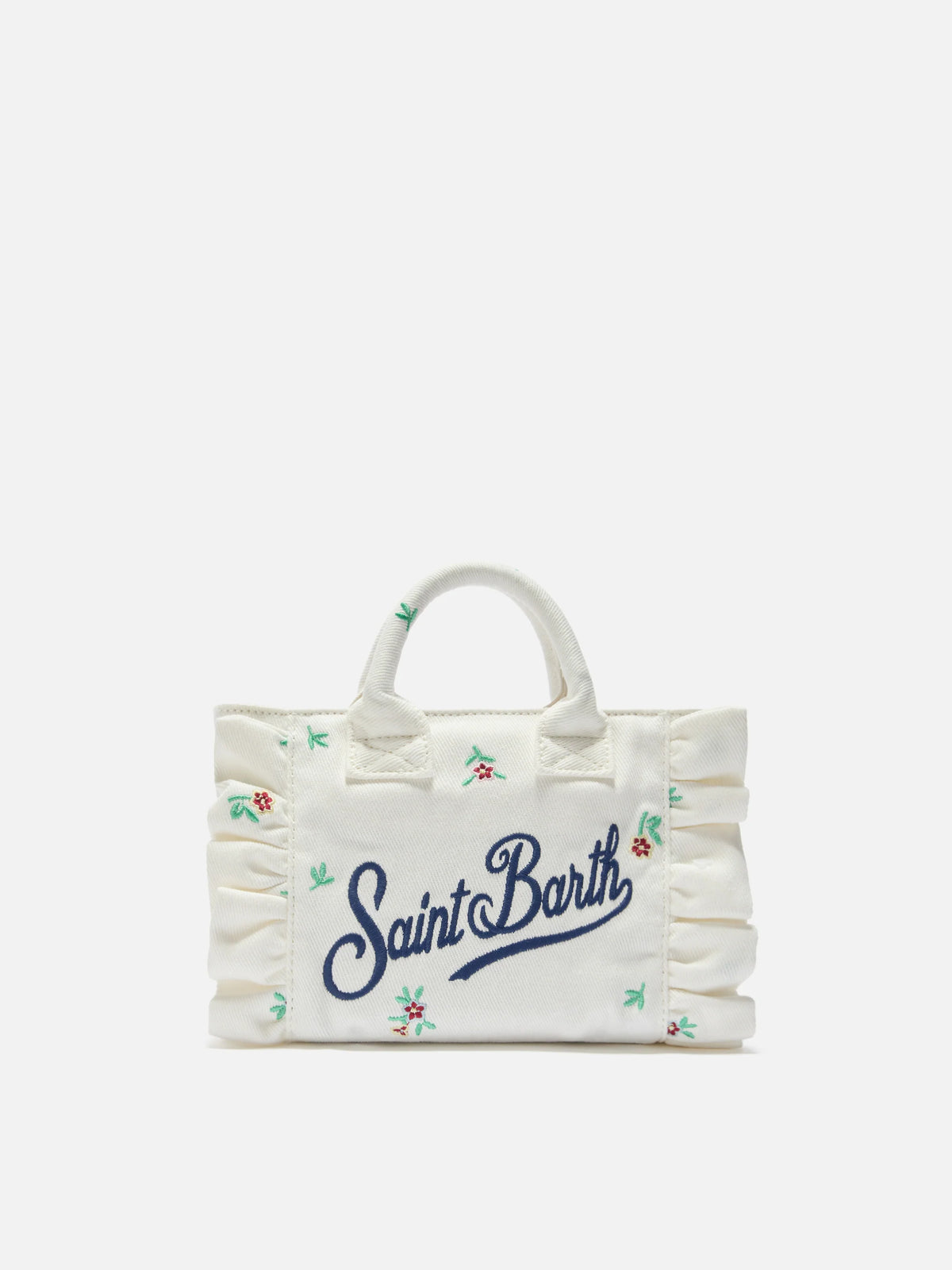 White denim Vanity mini volant bag with embroidered flowers