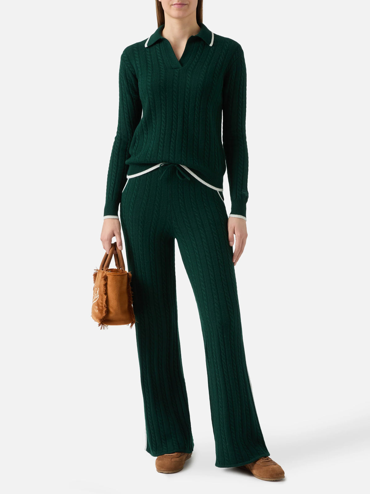 Clichy cable-knit wool polo in British green