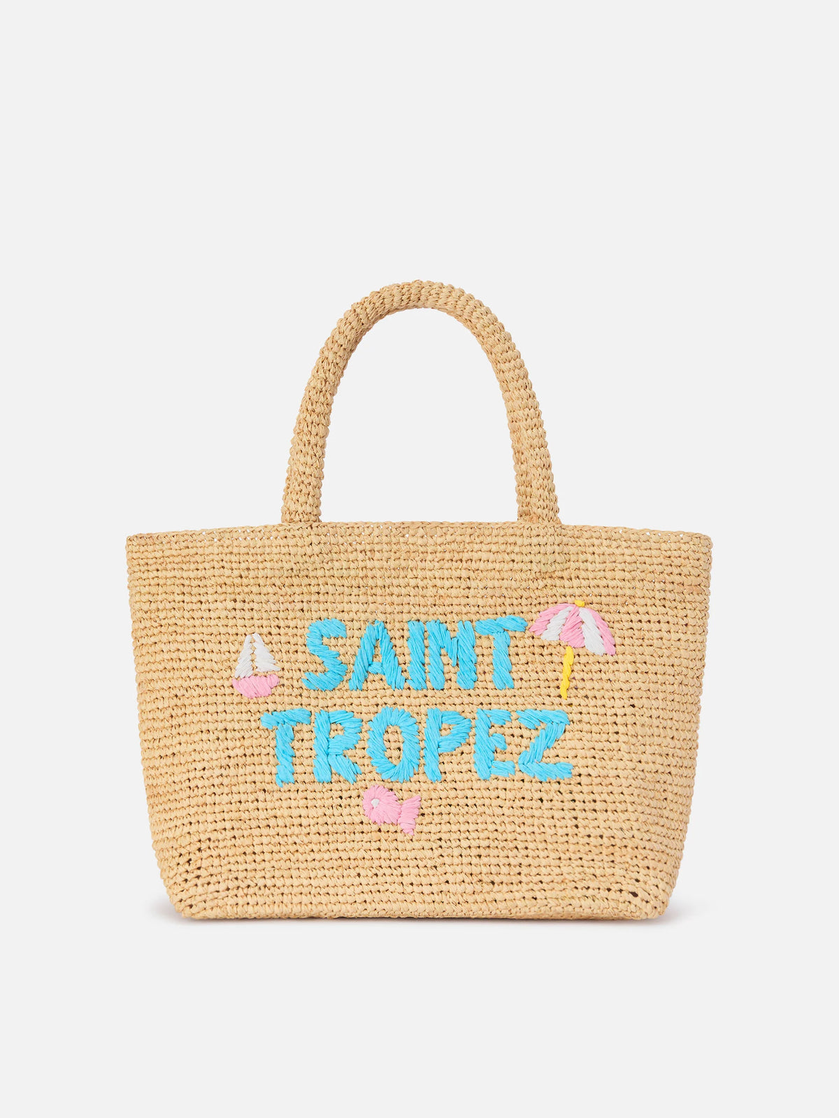 Beach medium raffia bag with Saint Tropez embroidery